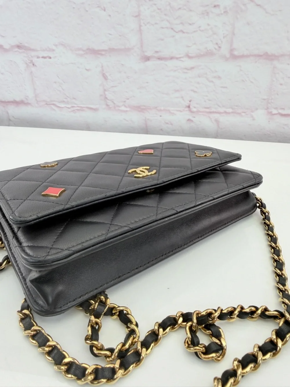 CHANEL Lambskin Quilted Enamel Coco Casino Wallet On Chain WOC Black